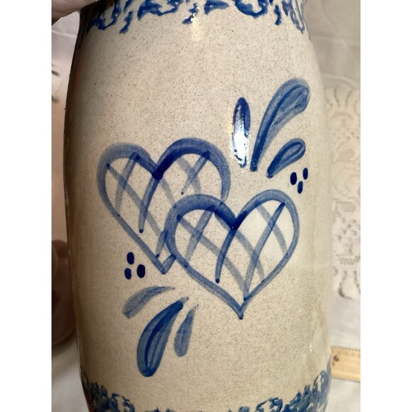 Sponge Ware Utensil Crock Vase Jar Decorated With Blue Design & Hearts 8" Tall - Picture 6 of 9